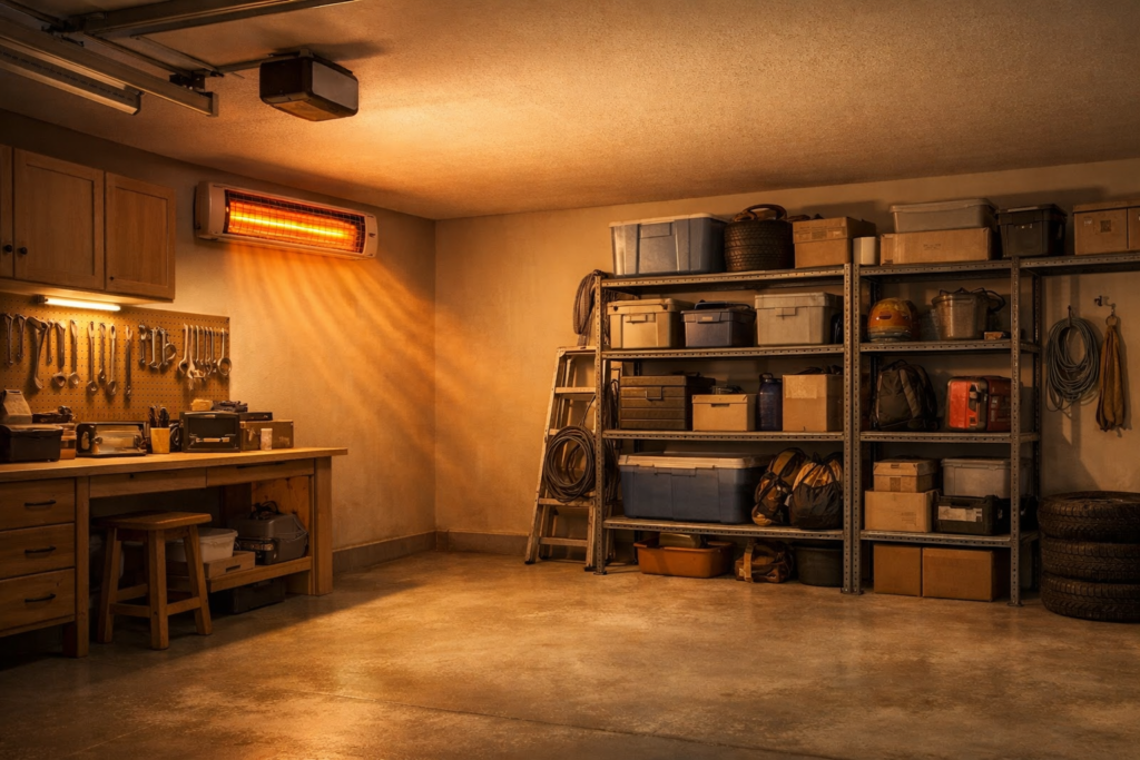 Electric wall-mounted heater warming a clean residential garage workspace