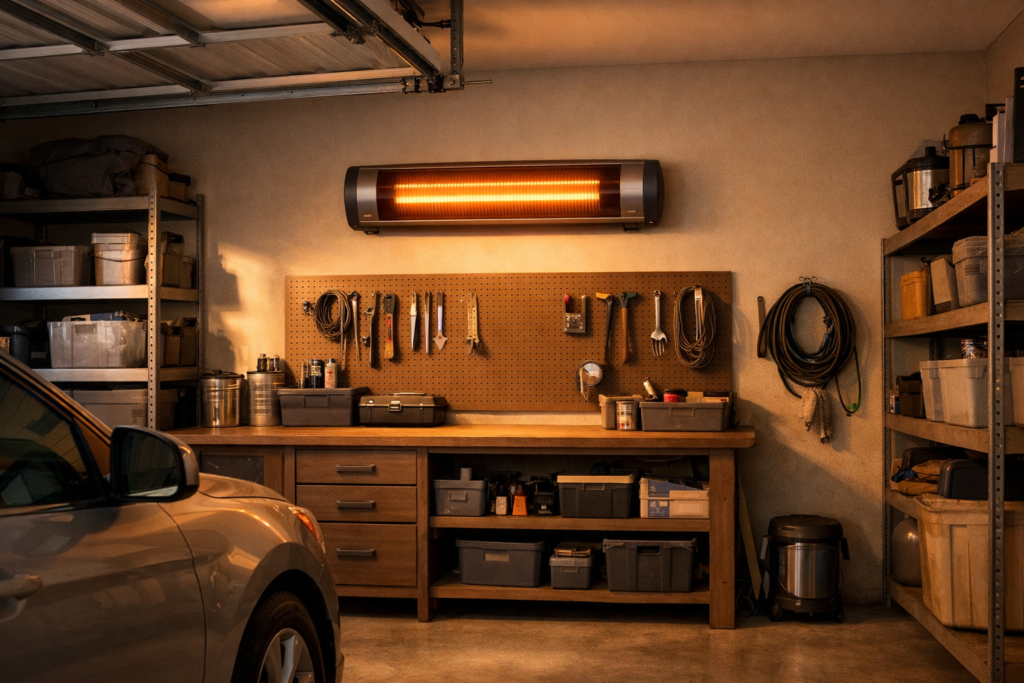 Wall-mounted electric garage heater installed above a workbench in a clean residential garage interior