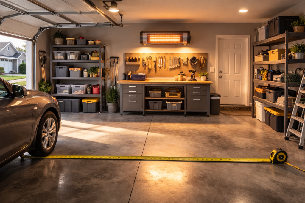 Wall-mounted electric garage heater in a two-car garage with measuring tape on the floor illustrating heater sizing calculation
