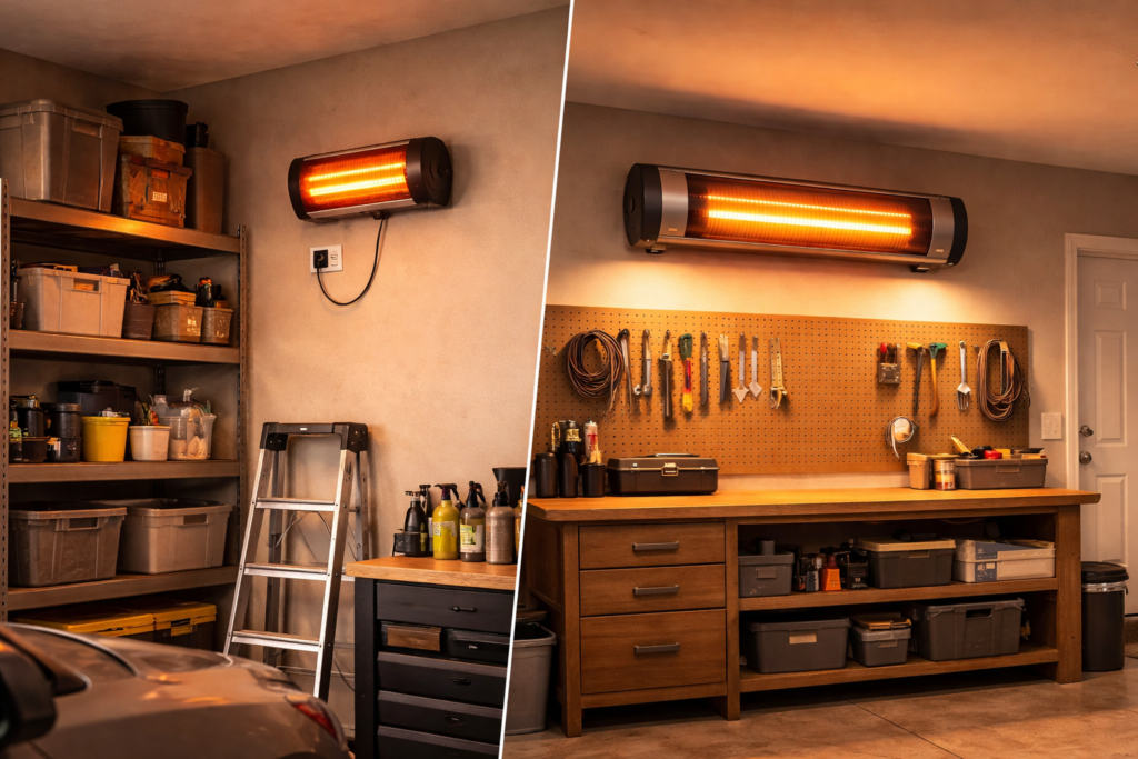 Comparison of 120V plug-in and 240V wall-mounted electric garage heaters installed in a residential garage