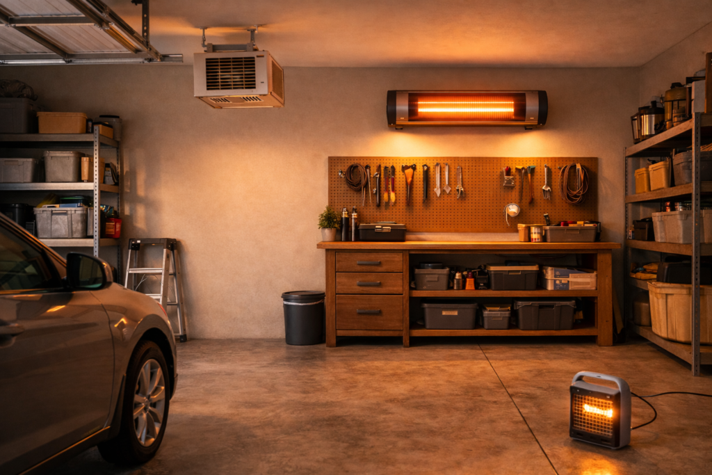 Ceiling-mounted, wall-mounted infrared, and portable electric garage heaters installed in a residential garage