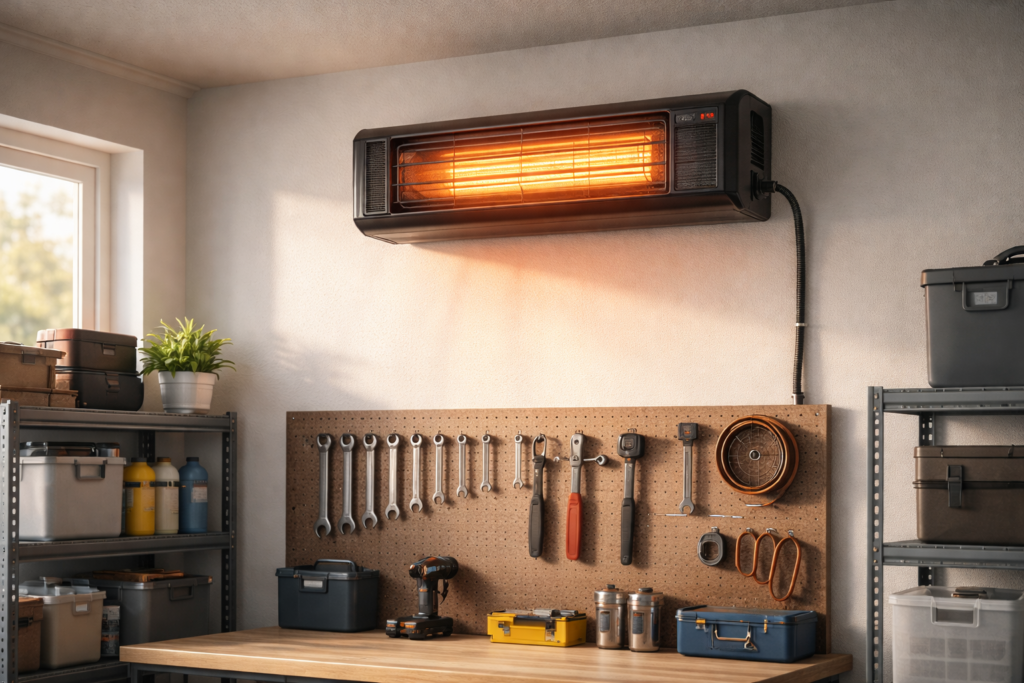 Wall-mounted electric garage heater installed safely in a residential garage.