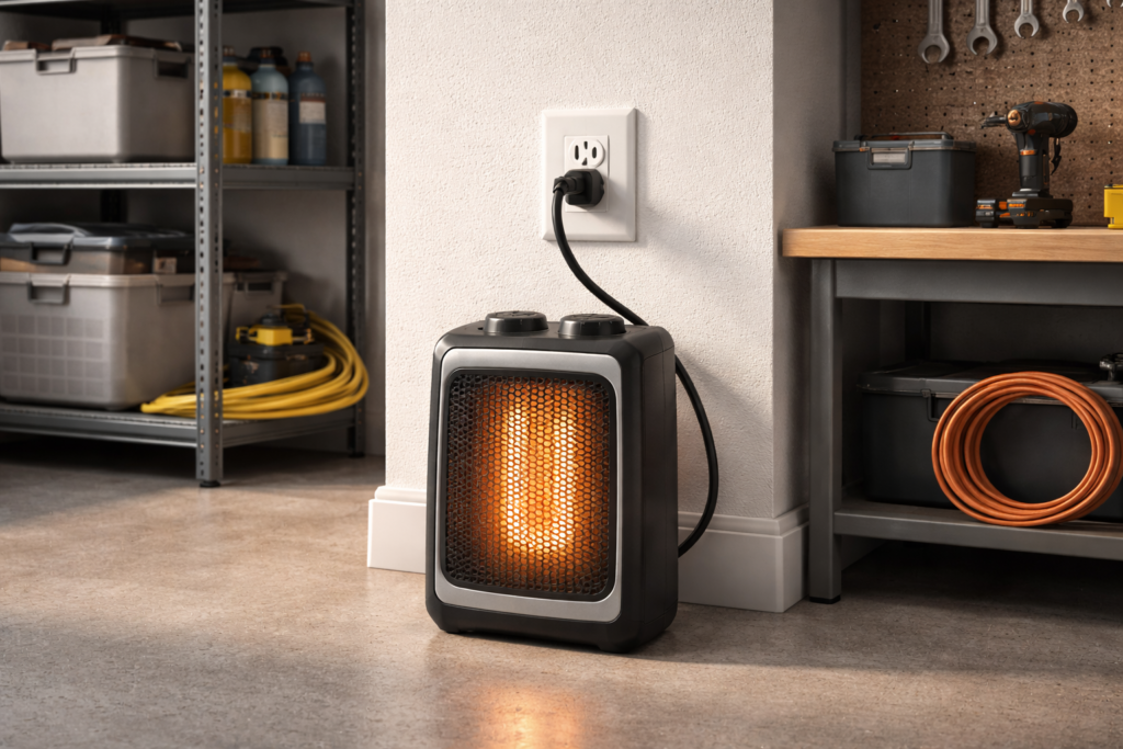 Portable electric garage heater plugged directly into a standard garage wall outlet.