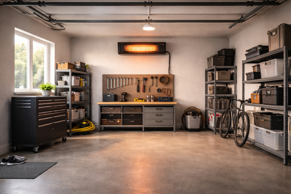 Two-car garage heated by a wall-mounted electric heater.