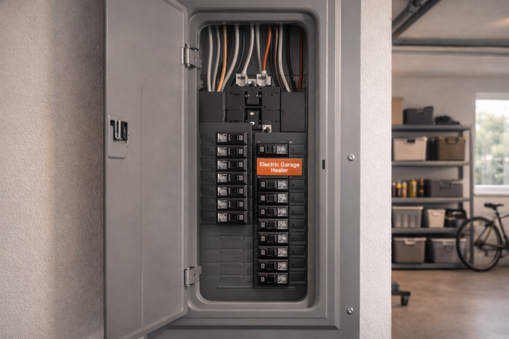 Electrical breaker panel in a garage showing a dedicated circuit for an electric heater.
