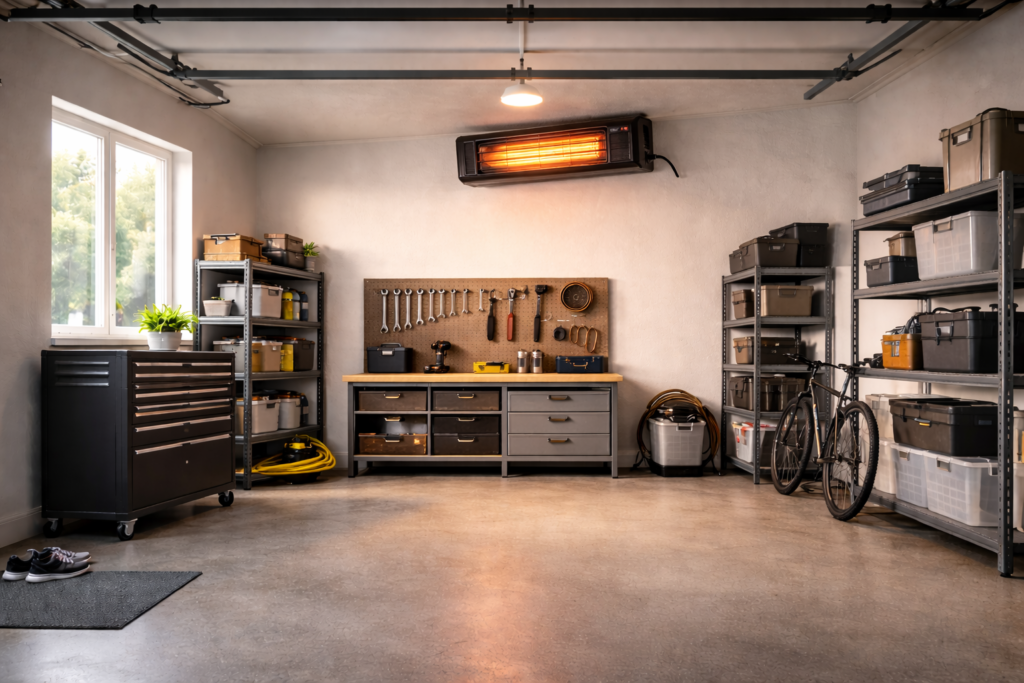 Wall-mounted electric garage heater installed high on an exterior wall with proper clearance.