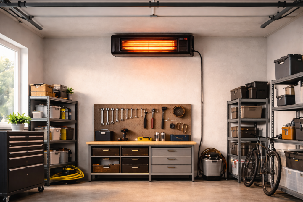 Wall-mounted electric garage heater installed with proper clearance from walls and ceiling.