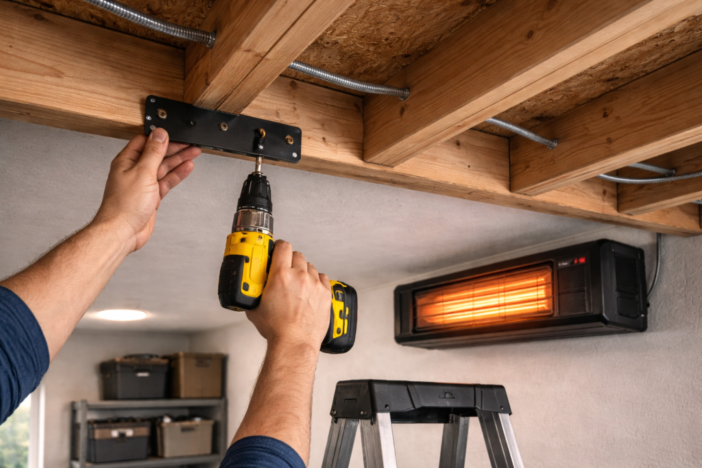 Installing a ceiling garage heater bracket into wooden ceiling joists.