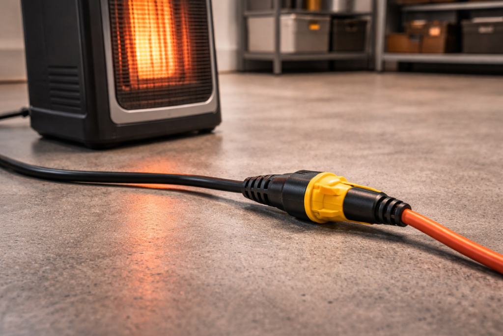 Heavy-duty extension cord connected to a portable garage heater on a concrete floor.