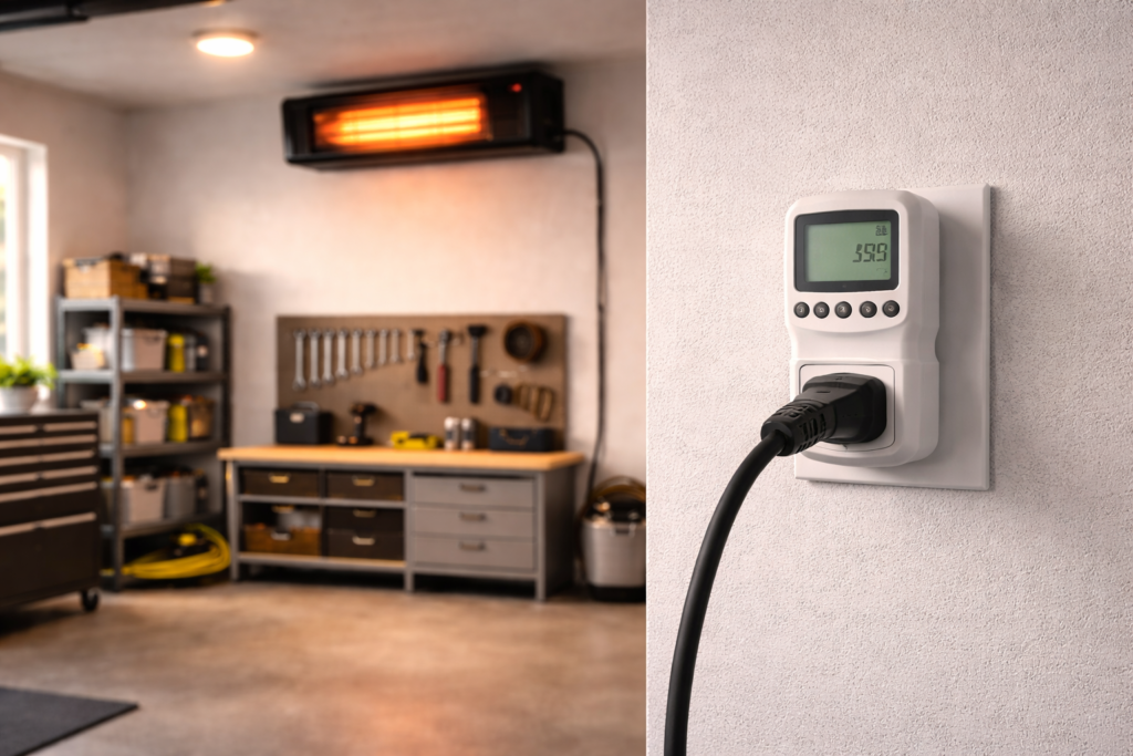 Electric garage heater operating with an electricity usage monitor nearby.