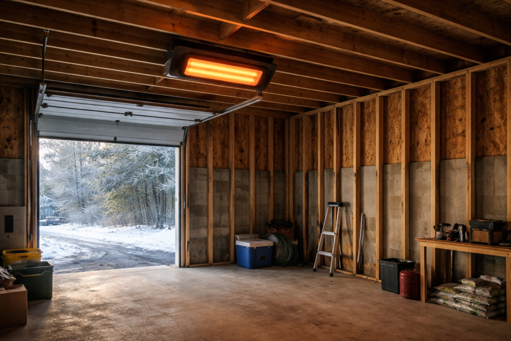 Uninsulated garage with exposed studs being heated by a ceiling-mounted electric heater.
