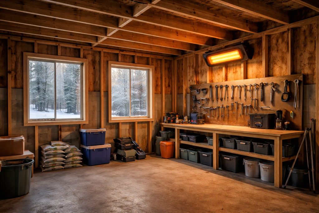 Detached residential garage in winter heated by a wall-mounted electric heater.
