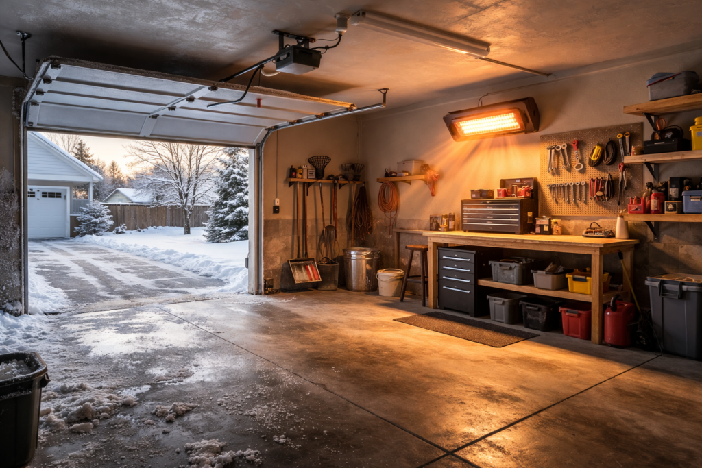 Garage warming up from a wall-mounted electric heater during cold weather.