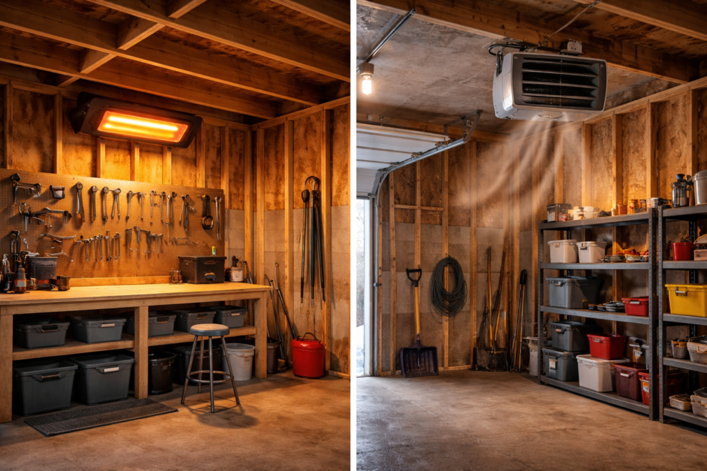 Comparison of infrared and fan-forced electric garage heaters inside a residential garage.