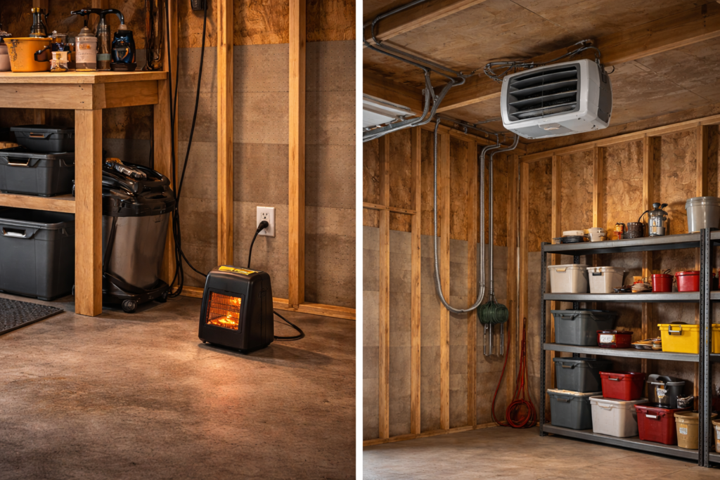 Comparison of plug-in and hardwired electric garage heaters in a residential garage.