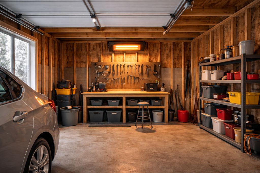 Compact wall-mounted electric heater installed in a one-car residential garage.