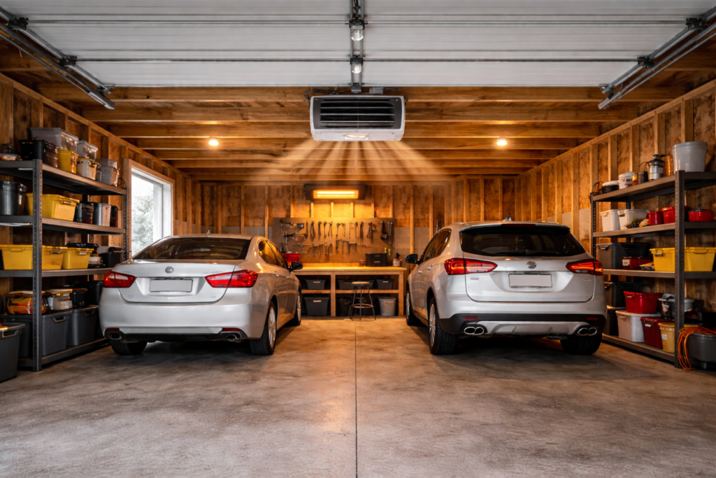 Ceiling-mounted electric heater warming a two-car residential garage.