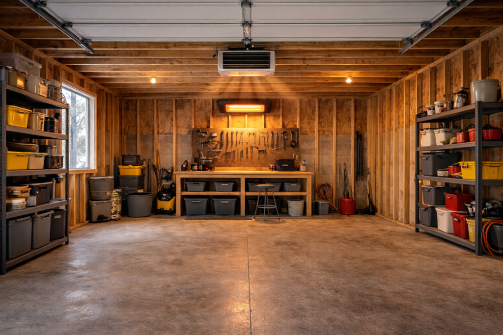 Wall-mounted electric heater warming a 400 square foot garage workshop.