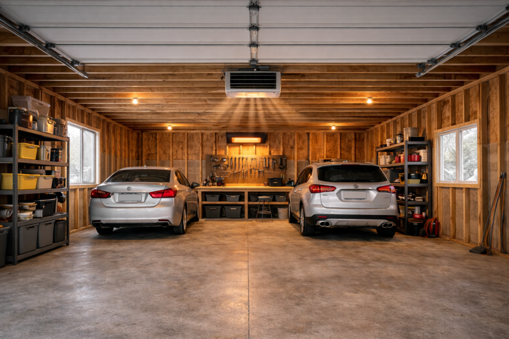 Ceiling-mounted electric heater warming a 600 square foot residential garage.