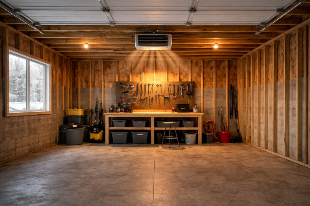 Wall-mounted electric heater warming an uninsulated garage with exposed studs and concrete walls.