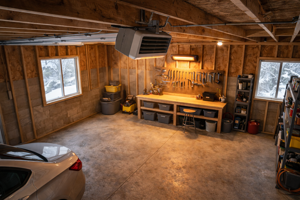 Ceiling-mounted electric garage heater installed between exposed rafters in a workshop.