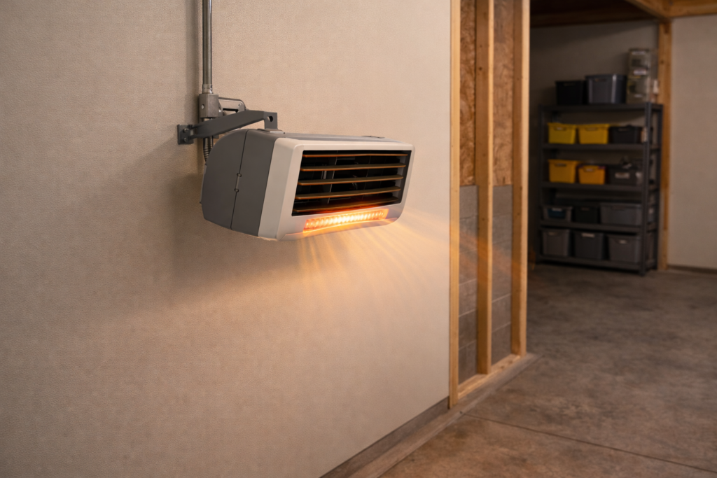 Side view of a wall-mounted electric garage heater installed securely on a garage wall.