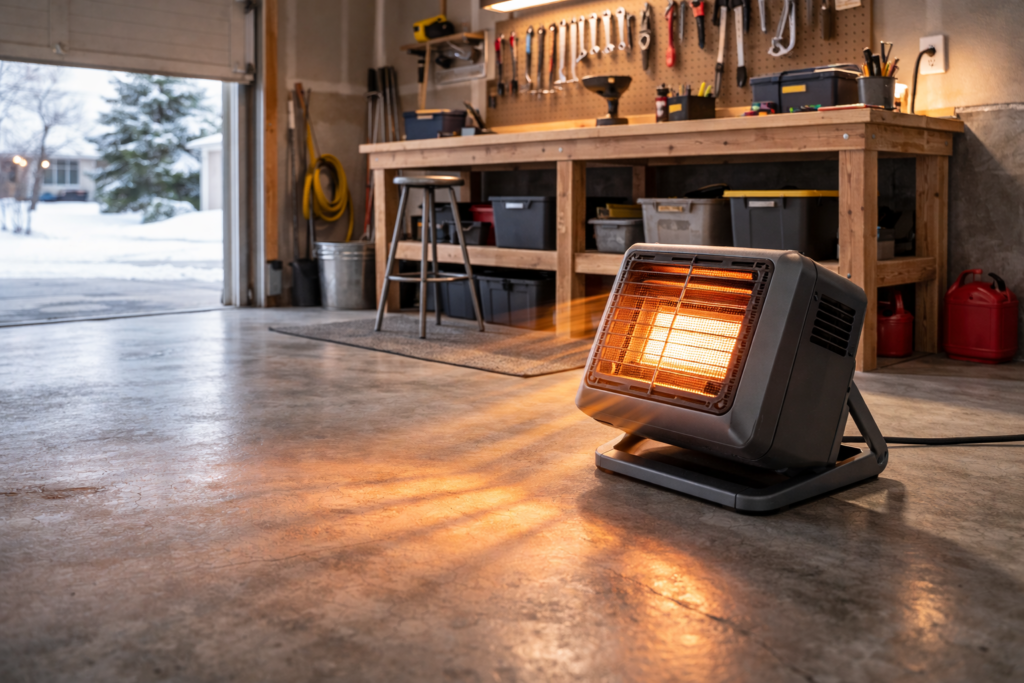 Portable electric garage heater positioned on a concrete garage floor for spot heating.