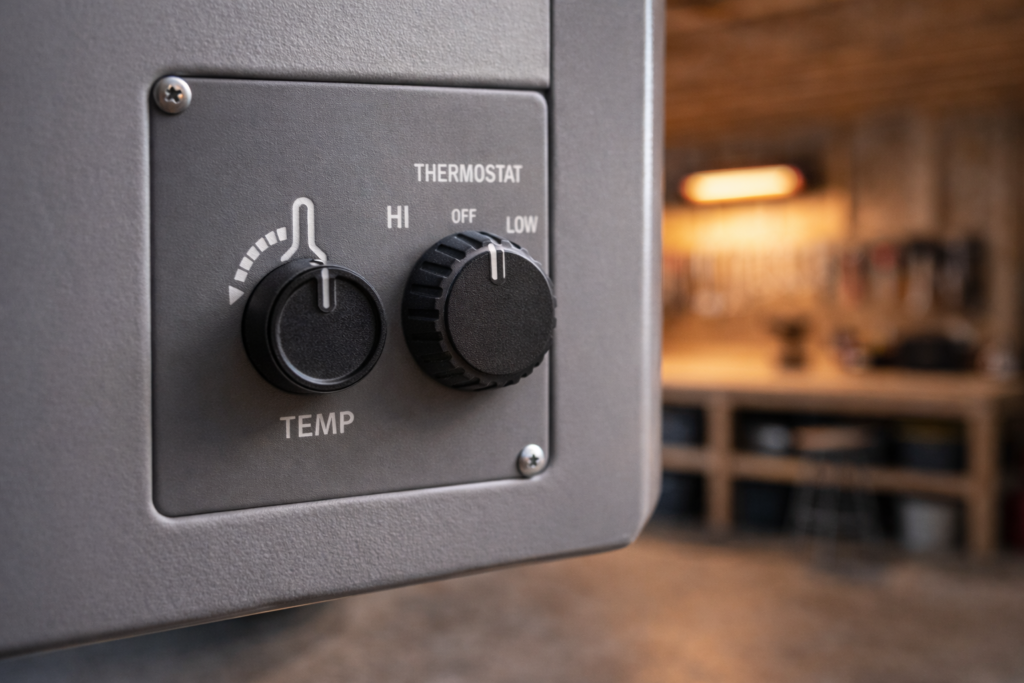 Close-up of thermostat control dial on an electric garage heater.