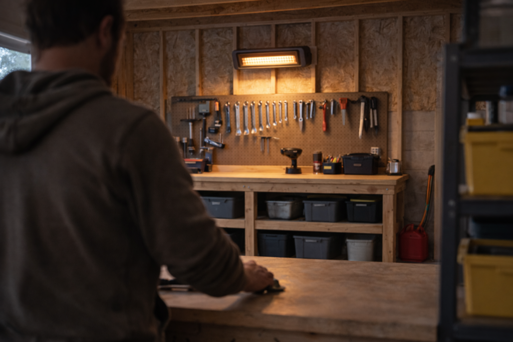 Infrared electric garage heater operating quietly in a workshop setting.