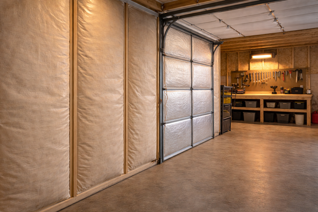 Well-insulated garage interior heated by a wall-mounted electric heater.