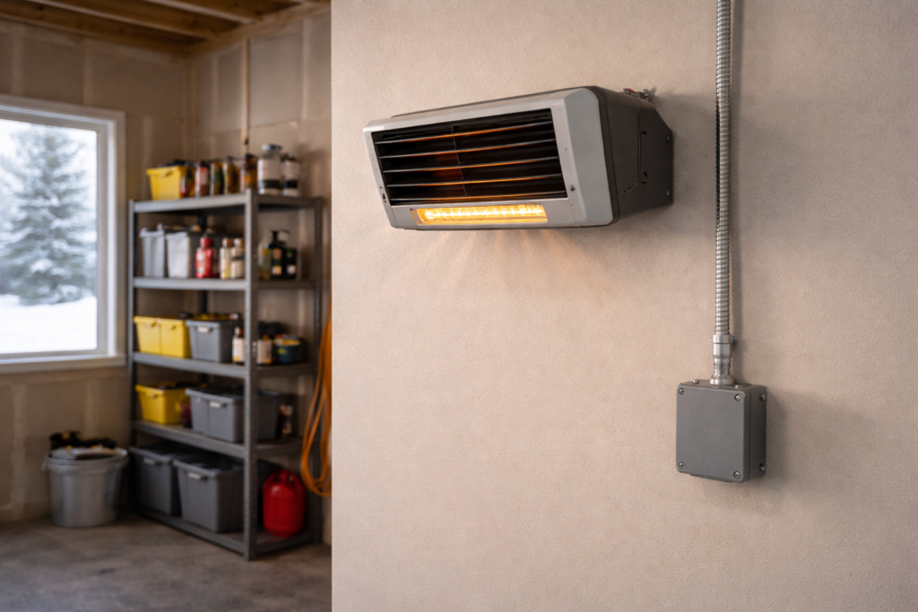 Hardwired electric garage heater with visible conduit installed on a garage wall.