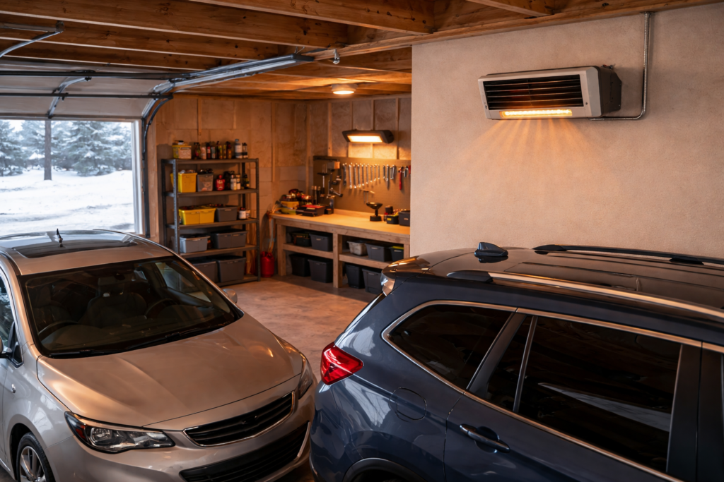 240V wall-mounted electric garage heater warming a two-car garage.