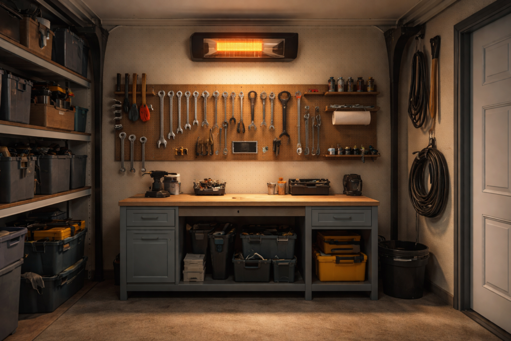 Compact electric heater installed in a small residential garage.