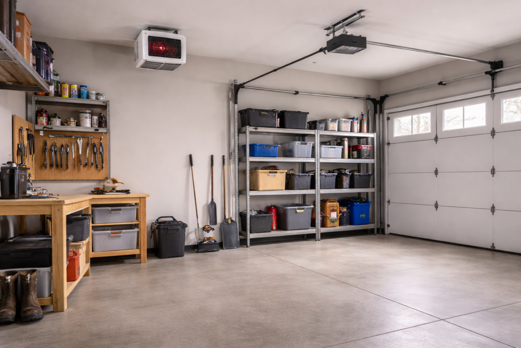 Two-car residential garage with a wall-mounted electric heater suitable for heating a 400 square foot garage.