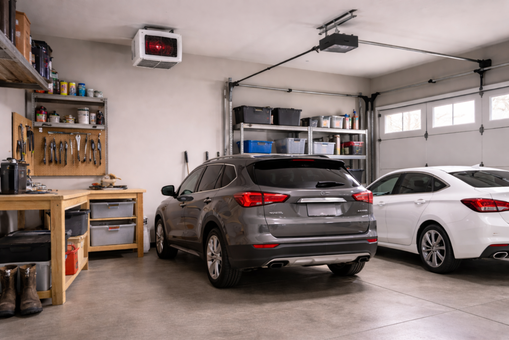 Two-car residential garage with a wall-mounted electric heater suitable for heating a typical two car garage.