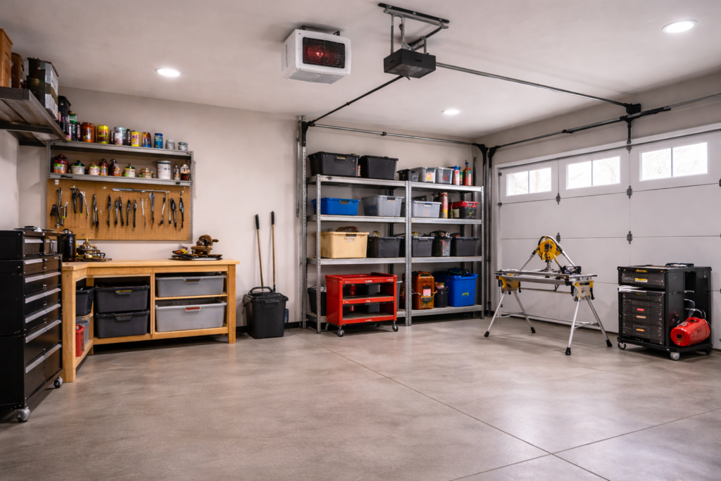 Large residential garage with a ceiling-mounted electric heater suitable for heating a 500 square foot garage.