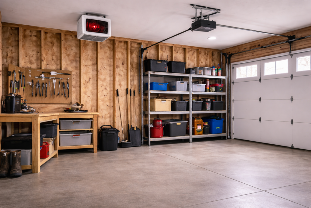 Uninsulated residential garage with exposed walls and a wall-mounted electric heater used to heat the space.