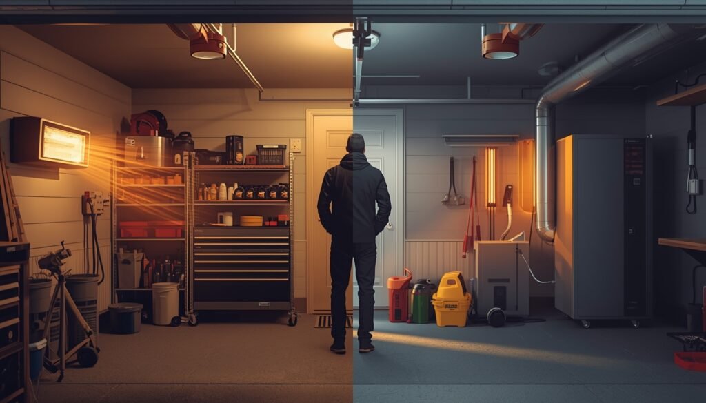 electric vs gas garage heater comparison in residential garage showing both heating systems in use