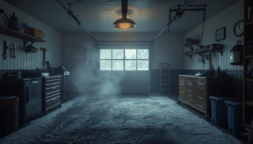 garage being heated in cold winter conditions with ceiling mounted heater