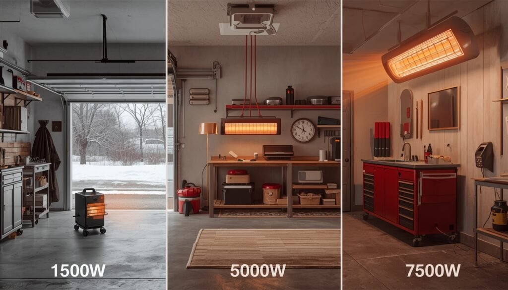 comparison of 1500W 5000W and 7500W electric garage heaters in a garage workspace showing different heating sizes