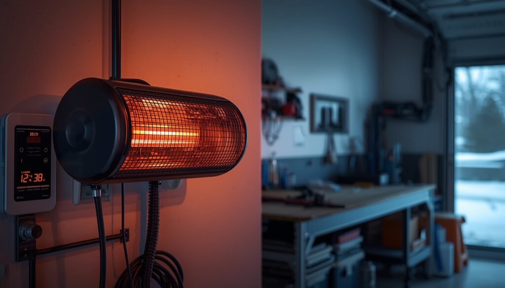 electric garage heater running in garage with visible energy usage and warm air heating workspace