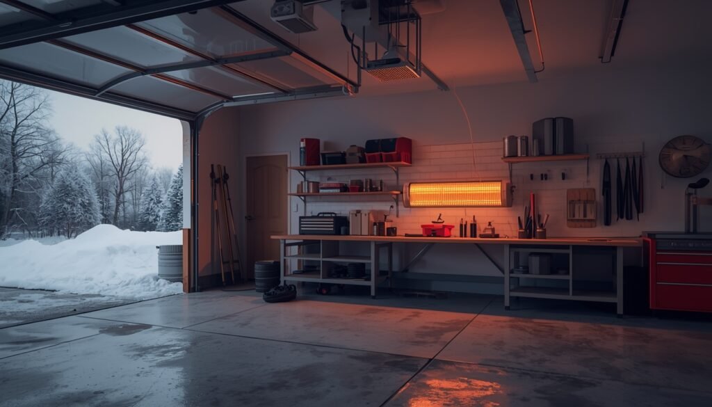 375 sq ft garage with electric heater running showing realistic heating setup and workspace