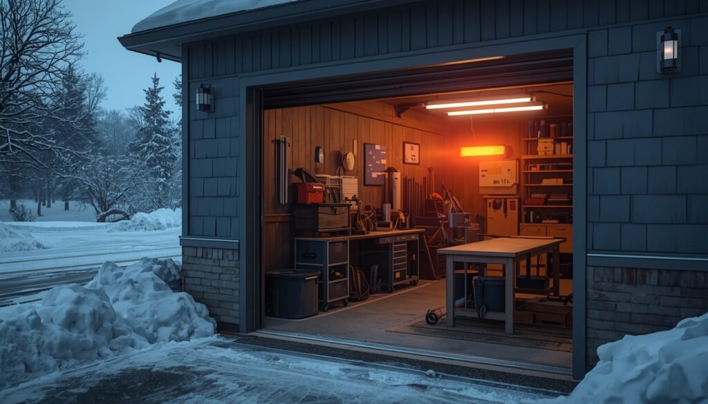 electric garage heater running in winter with snow outside showing cold climate heating conditions in a garage