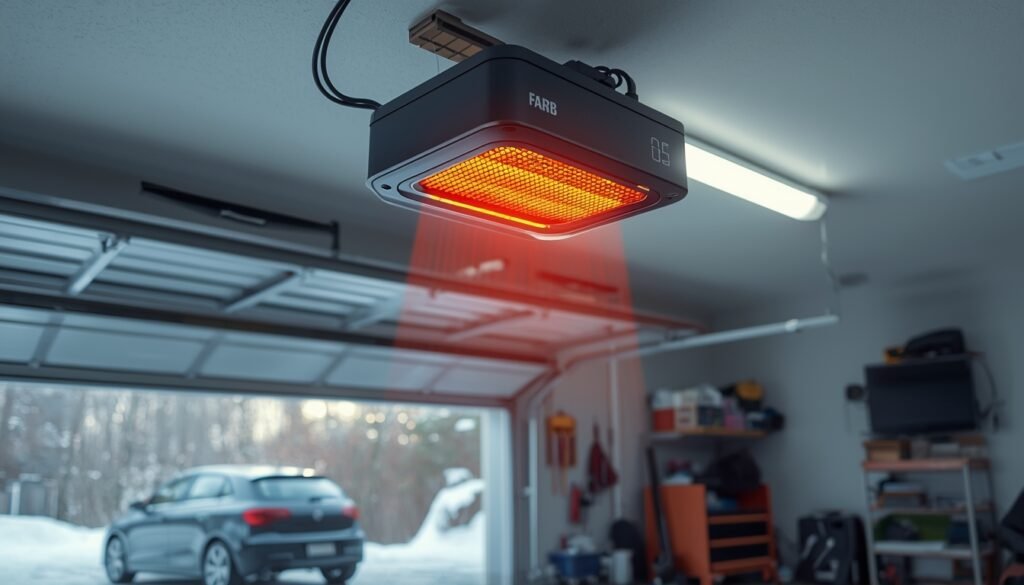 electric garage heater mounted on ceiling heating a residential garage space