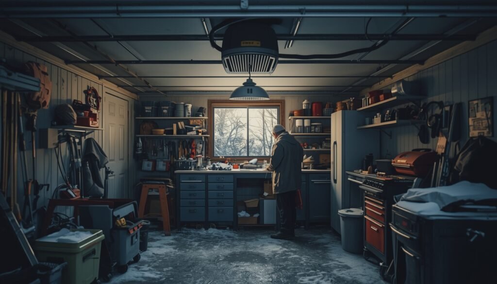 Interior of a small home garage during winter