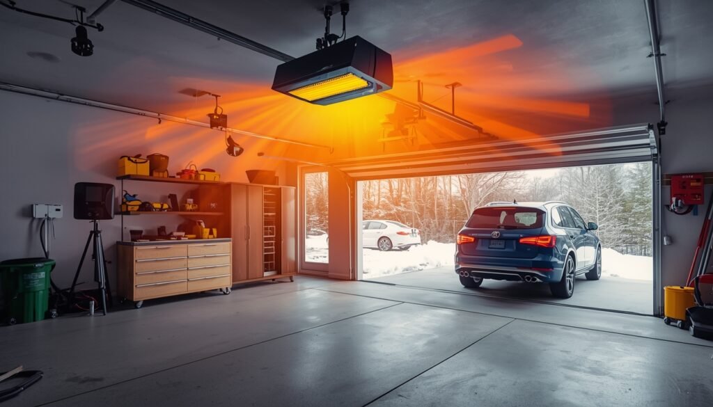 electric garage heater mounted in a residential garage providing heating for the space